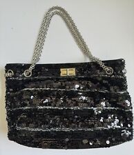 Brand New Vintage CHANEL Sequin Striped Mademoiselle Tote Black
