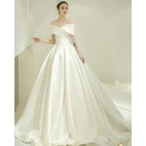 Handmade Off Shoulder Satin Ball Gown Wedding Dress Elegant Bridal Dress - Picture 1 of 10