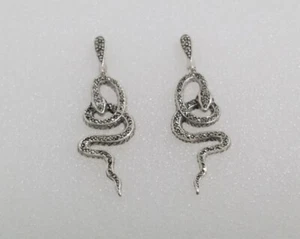925 Sterling Silver Marcasite Jeweled Snake Dangle Earrings 12.9 g - Picture 1 of 7