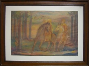 ::KATHARINA ...... 1986 MYSTISCHES GEMÄLDE MÄRCHEN ZWERG IM WALD MIT PFERDEN - Bild 1 von 8