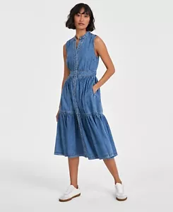 On 34th Womens Sleeveless Light Blue Denim Tiered Midi Dress M - Picture 1 of 3