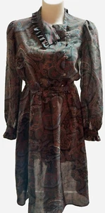 Vintage 1980s S - M Paisley Hi or Low Frilled Neckline Winter Dress - Picture 1 of 5