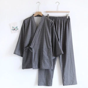 New Chinese Japanese Inspired Mens Dots Charcoal Long Kimono Pyjamas Pajamas - Picture 1 of 4