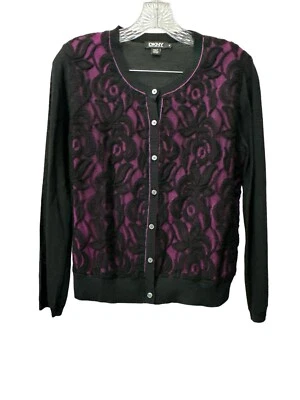 Cárdigan DKNY Negro Seda Púrpura Encaje Incrustación Frontal Abotonada Talla Mediana Foto 1 de 4