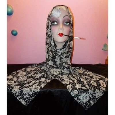 Bufanda Floral Larga Vintage Blanco y Negro Pinup Retro Rockabilly Cuello Bufanda Boho Foto 1 de 4