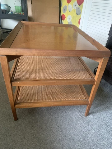 Mid Century Modern Walnut & Rattan Side End Table MCM 1960s Cover