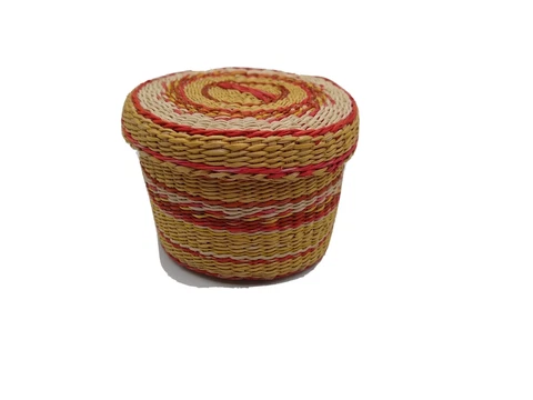 Vintage Handwoven Sweetgrass Round Native Design Lidded Small Basket Reds Yellow Cover