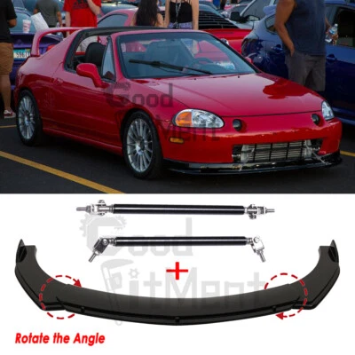 4 peças divisor de spoiler labial parachoque dianteiro preto + hastes de apoio para Honda Civic del Sol - Imagem 1 de 4