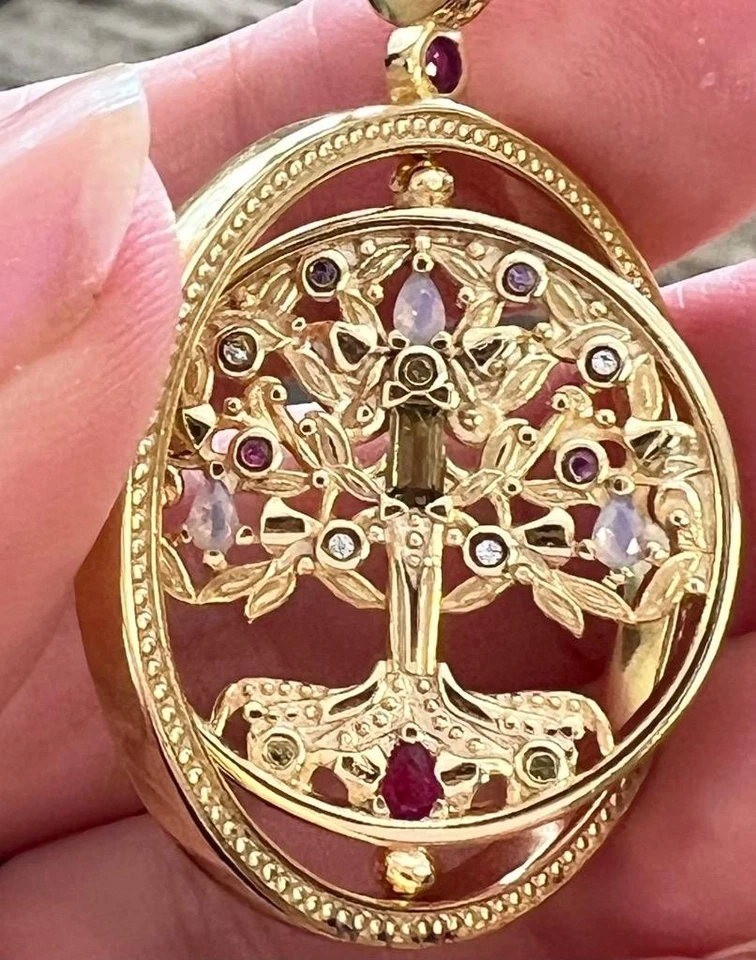 Gemstone 14K Gold on Solid 925 Tree of Life "SPINNER" fidget Necklace REAL - Image 1 of 4