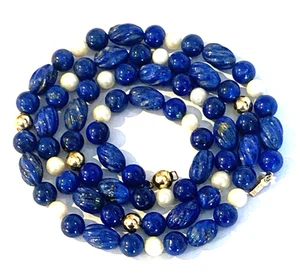 14K Gold FRESHWATER PEARL-LAPIS Necklace-Vtg 27" LONG-60g-Unique Swirl Beads-FAB - Picture 1 of 14