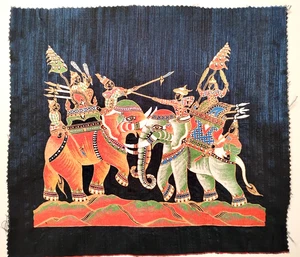 Hand Painted Blue/Black Silk Fabric Panels - Warriors on Elephants - Unframed - Picture 1 of 3