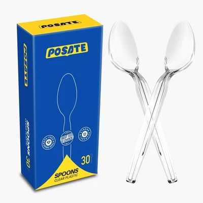 Heavy Duty Disposable Plastic Spoons Clear Food Grade Safe Pack of 30 - Image 1 of 4