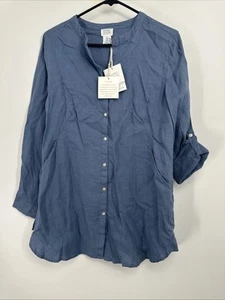 Sigrid Olsen Women’s Small Linen Blue Button Up Shirt Roll Tab Sleeve - Picture 1 of 5