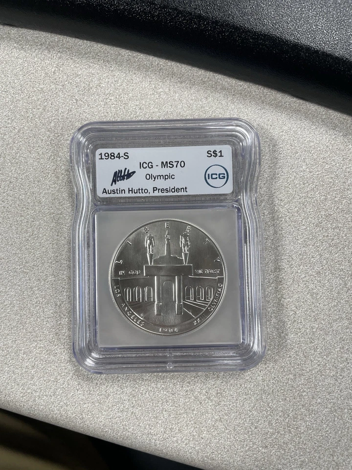 1984 S MS70 USA OLYMPIC Silver Commemorative $1-ICG Hutto Signed White Label - Image 1 of 4