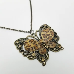 Animal Print Butterfly Rhinestone Pendant Necklace 28" Statement Chunky Y2K - Picture 1 of 7