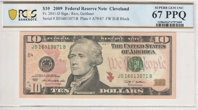 $10 Dollar Bill 2009 FRN Clevland PCGS 67 PPQ UNCIRCULATED  - Image 1 of 3
