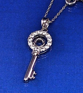 STERLING SILVER CZ SET KEY PENDANT W/18" CHAIN, 1 1/4 " X 3/8" - Picture 1 of 2
