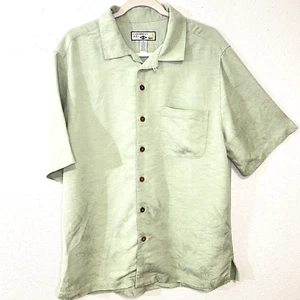 CARIBBEAN JOE Shirt Mens M Button Up Green Embossed Palm Leaves Short Sleeves - Picture 1 of 10