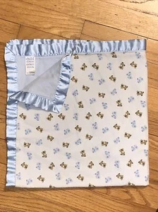 HTF Child of Mine Blue Brown Flannel Bears Satin Trim Baby Blanket - Picture 1 of 7