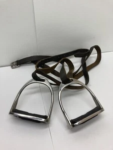 STAINLESS STEEL 4 1/2 INCH HORSE STIRRUPS  w/BLACK TREADS & LEATHERS - Picture 1 of 10