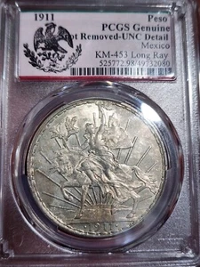 1911 Un Peso Caballito Long Ray UNC Details Rare Mexico Eagle PCGS Holder!! - Picture 1 of 15
