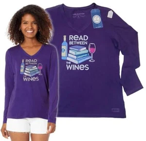 Camiseta trituradora LIFE IS GOOD para mujer LEER ENTRE LOS VINOS L/S cuello en V nueva con etiquetas M - Imagen 1 de 4