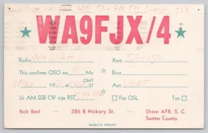 Amateur Ham Radio QSL QSO Card 1964 WA9FJX/4 Shaw AFB, SC Bob Best - Picture 1 of 3
