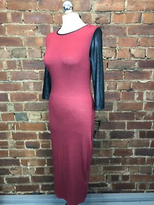 Raspberry Stretch Midi Dress with Faux Leather Effect Sleeves Size 12 Party - Picture 1 of 6
