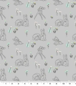 BAMBI BADGE TOSS DISNEY PRINT ON GRAY 100% COTTON FABRIC 31X43 INCHES - Picture 1 of 1