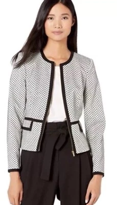 Chaqueta Blazer Calvin Klein Mujer 10P Piped Frontal Cremallera Negra Blanca Dinero Antiguo Foto 1 de 4