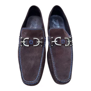 Donald Pilner Loafer Dacio Mens 10.5 Brown Suede Leather Italy Blue Stitching - Picture 1 of 12