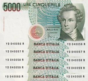 A4 - Republik - 1 x 5000 Lire Bellini 1996 - aufeinanderfolgend aus Mazzetta FDS / UNC - Bild 1 von 2