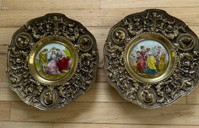 Beautiful Limoges Fragonard Ornate Brass Plaques Pair 11" - Image 1 of 4