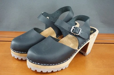 MIA Abba Womens Size 9 Shoe Black Leather Slingback Swedish Clog Heel Sandals - Image 1 of 4