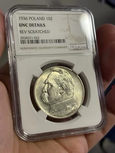 1936 Poland Silver 10 Zlotych Jozef Pilsudski NGC UNC - Picture 1 of 2