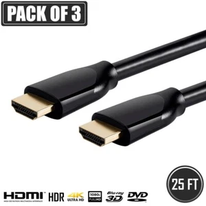 3x 25FT HDMI Cable w/ Ethernet HDTV 4K 60Hz 1080p 3D HDR ARC XBOX PS4 PS3 Black - Picture 1 of 4