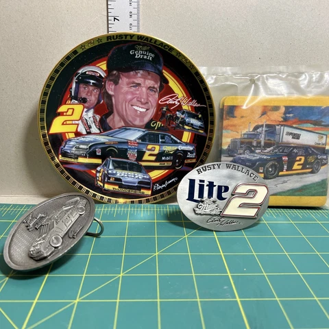 Rusty Wallace Lot Of Memorabilia #2 Nascar  Belt Buckles / Plate/ Coasters  Cover