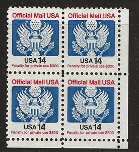 US Scott #O129A, Block of 4 1985 Official 14c FVF MNH Lower Right Corner - Picture 1 of 1
