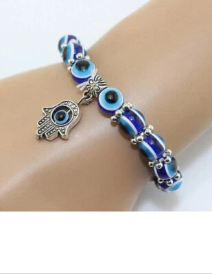 LINDA NOVA PROTEÇÃO AZUL MAU OLHO COM PULSEIRA AMULETO DE MÃO HAMSA FATIMA - Imagem 1 de 4