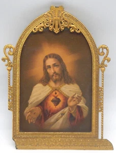 Antiguo metal dorado madera vidrio florentino italiano Sagrado Corazón impresión de Jesús - Imagen 1 de 4