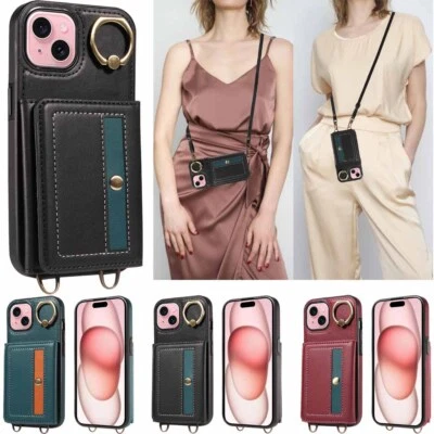 For iPhone 15 14 13 12 11 SE XR 7 8 Ring Holder Wallet Leather Phone Case Cover - Image 1 of 4