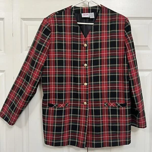 Y2K Red Green Tartan Plaid Classic Blazer Size 16 Jacket - Picture 1 of 11