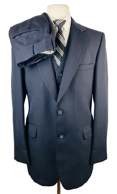 VINTAGE Mens 40L Navy Stripe Soft 3 Piece Suit With Vest & Dress Pants 32x33 - Image 1 of 4