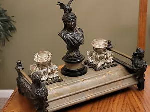 Vintage französisches Reich? Tintenständer Büste KUNST Marmor mit großen Doppelglas Tintenkästen - Bild 1 von 12