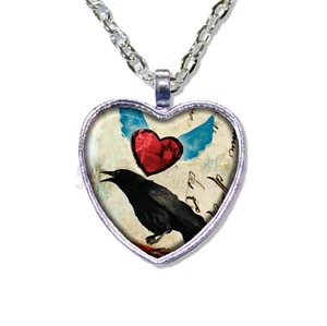 Black Bird Raven Gothic Love - Handmade HEART shaped glass pendant necklace - Picture 1 of 5
