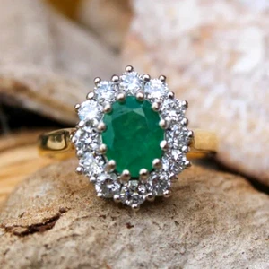 2.65TCW Oval Natural Emerald & Moissnaite Halo Engagement Ring 9ct Two Tone Gold - Picture 1 of 10