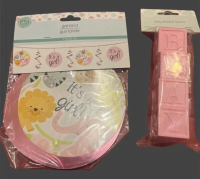 New In Package Pink Baby Shower Décor - ITS A GIRL 7 ft Garland Pink Blocks - Image 1 of 4
