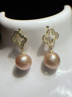 12mm All natural round orange Edison Pearl clover earrings ,18k gold FN earrings - Image 1 of 4