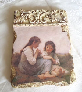 Vintage Gips Fresko Stil Druck - 2 Mädchen spielen die Flöte geprägte Plakette - Bild 1 von 9