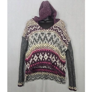 Free People Silk Blend Fair Isle Hoodie Chunky Knit Sweater Sz L Rough - Picture 1 of 7